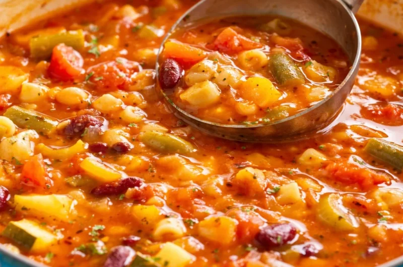 A bowl of cozy minestrone soup filled with veggies and beans, served with bread.