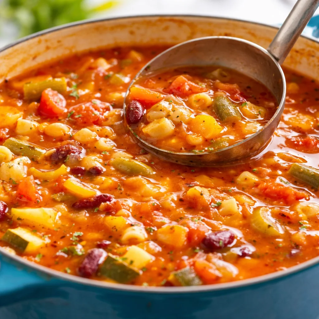 A bowl of cozy minestrone soup filled with veggies and beans, served with bread.