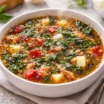 Bowl of hearty Sausage and Kale Soup filled with Italian sausage, kale, and potatoes.