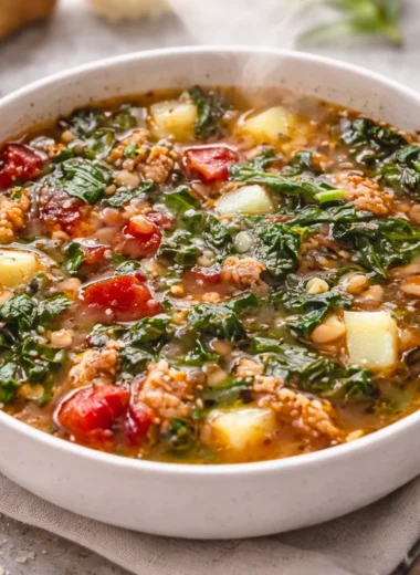 Bowl of hearty Sausage and Kale Soup filled with Italian sausage, kale, and potatoes.