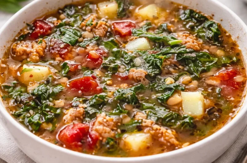 Bowl of hearty Sausage and Kale Soup filled with Italian sausage, kale, and potatoes.