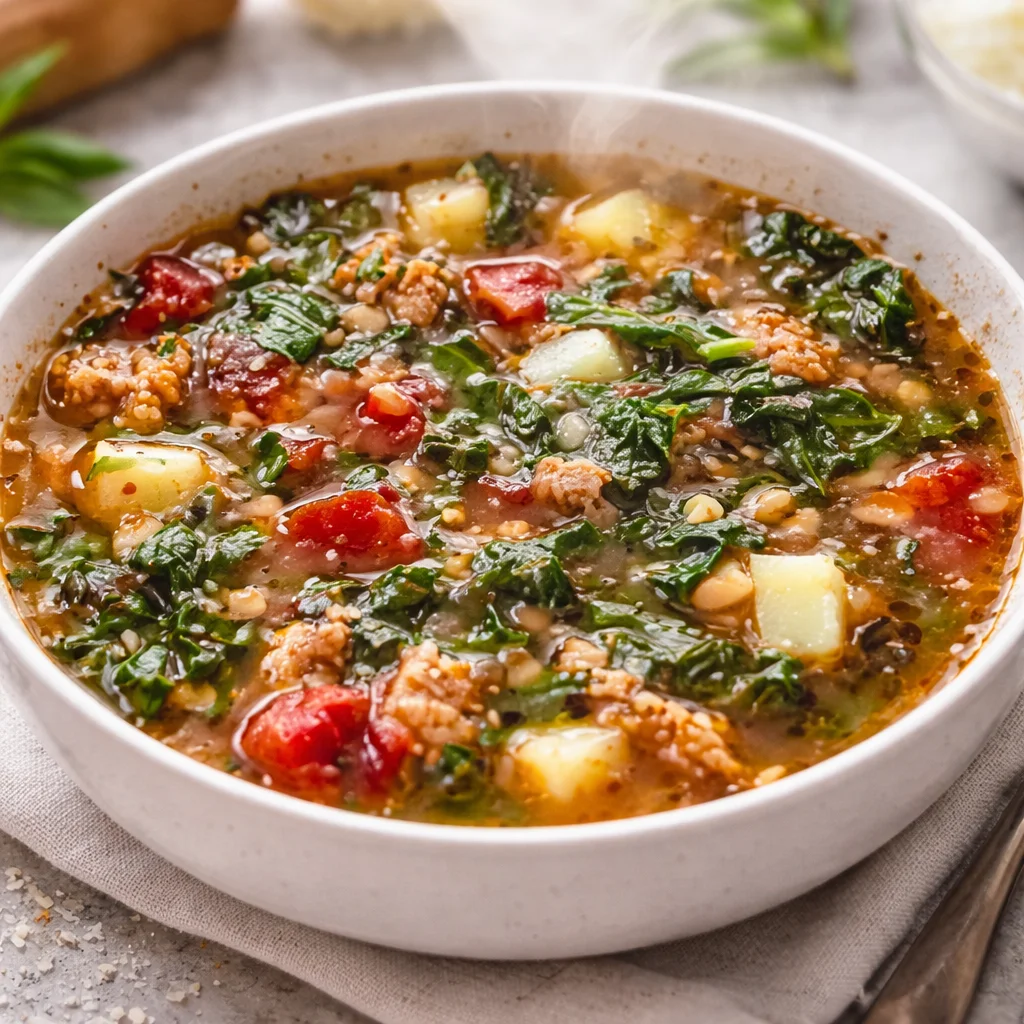 Bowl of hearty Sausage and Kale Soup filled with Italian sausage, kale, and potatoes.