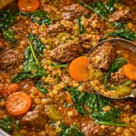 Bowl of hearty beef and barley soup loaded with tender chunks of beef and fresh vegetables.