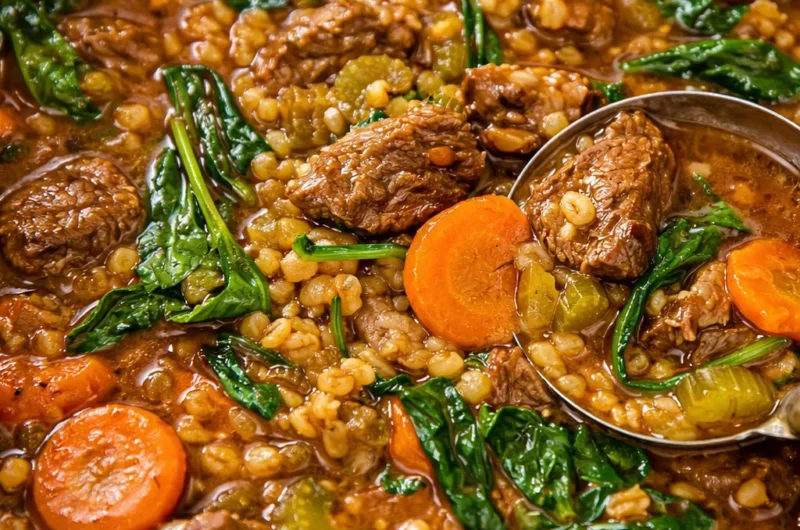 Bowl of hearty beef and barley soup loaded with tender chunks of beef and fresh vegetables.