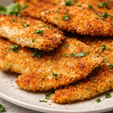 Crispy Baked Italian Parmesan Chicken garnished with fresh parsley on a plate