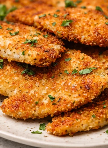 Crispy Baked Italian Parmesan Chicken garnished with fresh parsley on a plate
