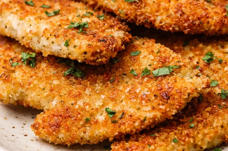 Crispy Baked Italian Parmesan Chicken garnished with fresh parsley on a plate
