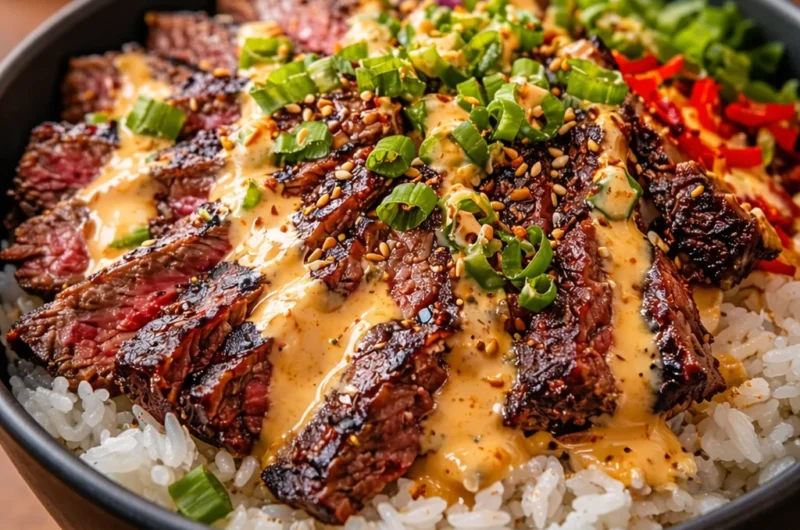 Korean BBQ Steak Rice Bowls with Spicy Cream Sauce, featuring tender steak and fresh vegetables.