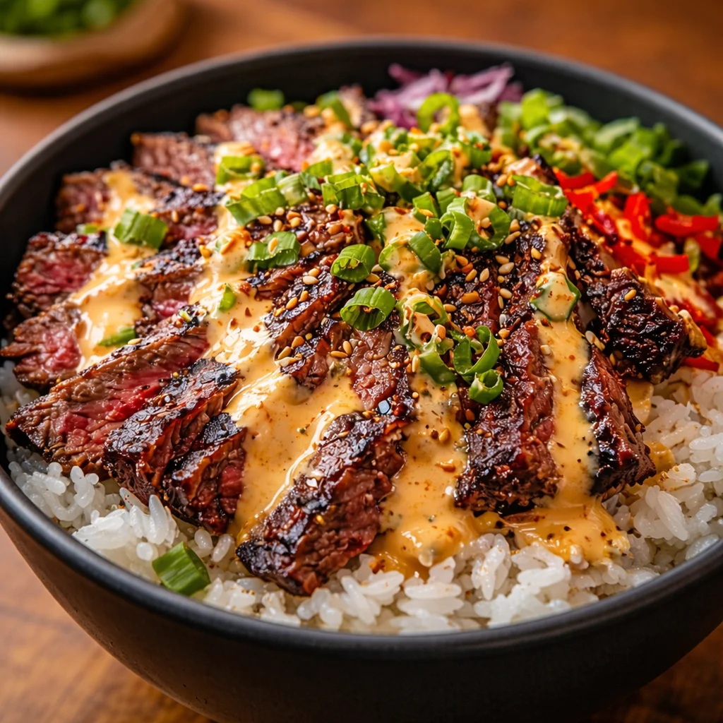Korean BBQ Steak Rice Bowls with Spicy Cream Sauce, featuring tender steak and fresh vegetables.