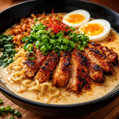 Bowl of Creamy Garlic Chicken Ramen topped with tender chicken and green onions.