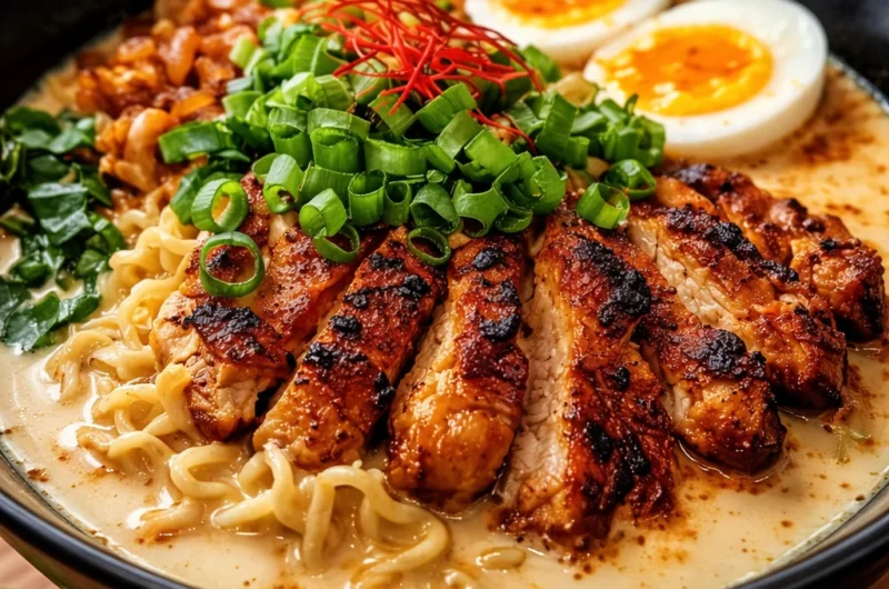 Bowl of Creamy Garlic Chicken Ramen topped with tender chicken and green onions.