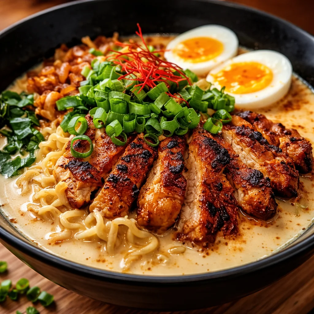 Bowl of Creamy Garlic Chicken Ramen topped with tender chicken and green onions.