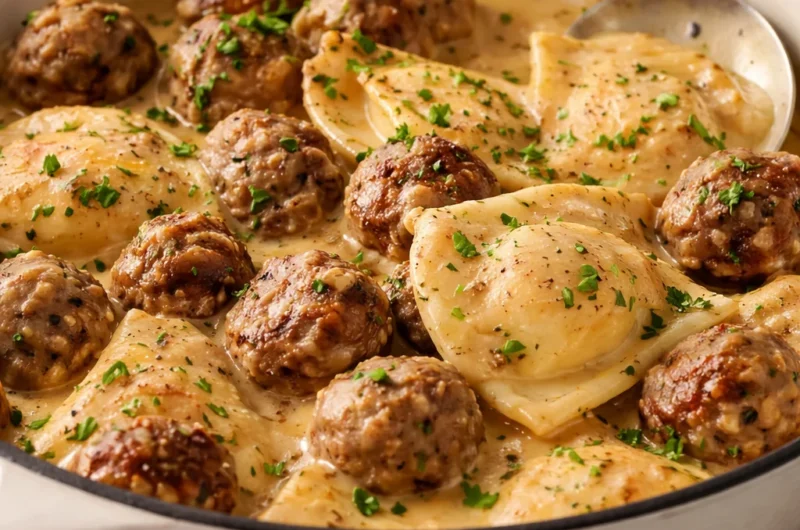 One Skillet Pierogi & Meatball Skillet with meatballs and pierogies in a creamy sauce.