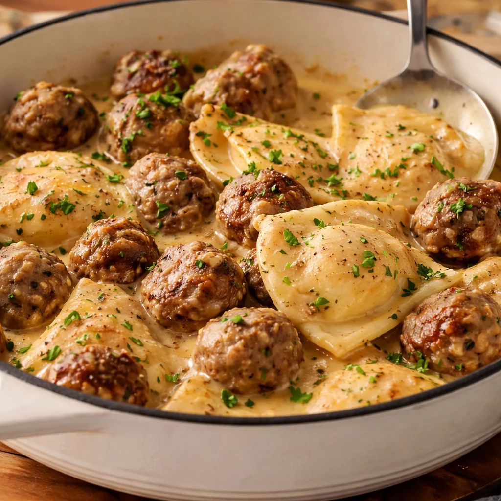 One Skillet Pierogi & Meatball Skillet with meatballs and pierogies in a creamy sauce.