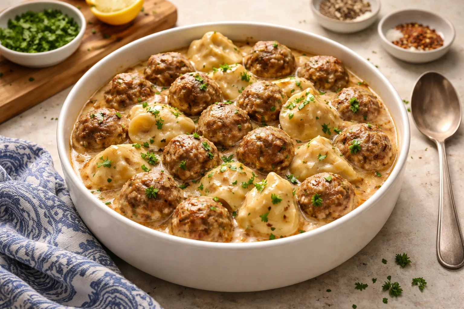 One Skillet Pierogi & Meatball Skillet