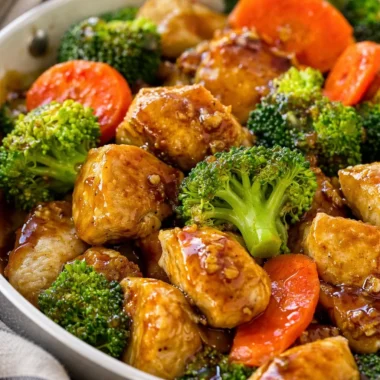 Delicious honey garlic chicken stir fry featuring tender chicken, broccoli, and carrots.