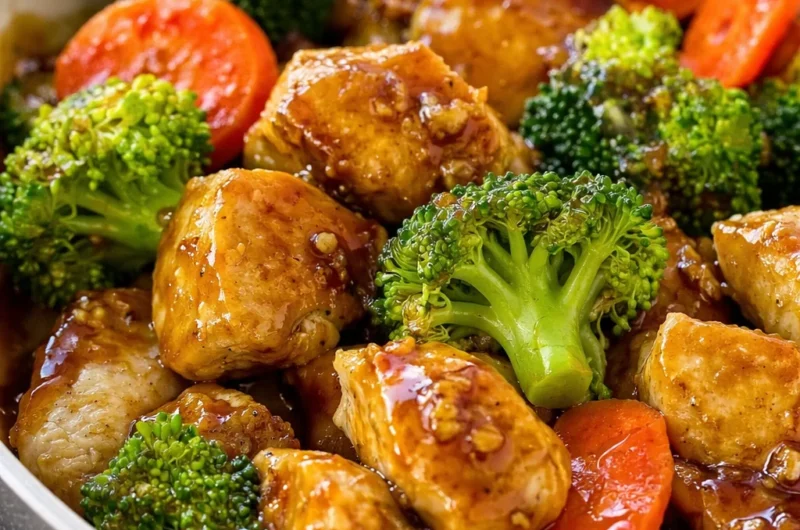Delicious honey garlic chicken stir fry featuring tender chicken, broccoli, and carrots.