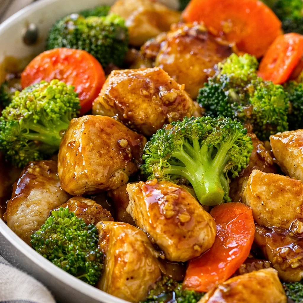 Delicious honey garlic chicken stir fry featuring tender chicken, broccoli, and carrots.
