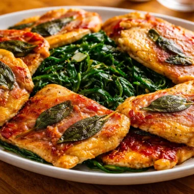 Delicious Italian Chicken Saltimbocca dish with prosciutto, sage, and chicken cutlets.