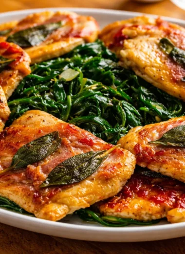 Delicious Italian Chicken Saltimbocca dish with prosciutto, sage, and chicken cutlets.