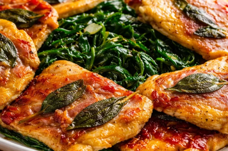 Delicious Italian Chicken Saltimbocca dish with prosciutto, sage, and chicken cutlets.