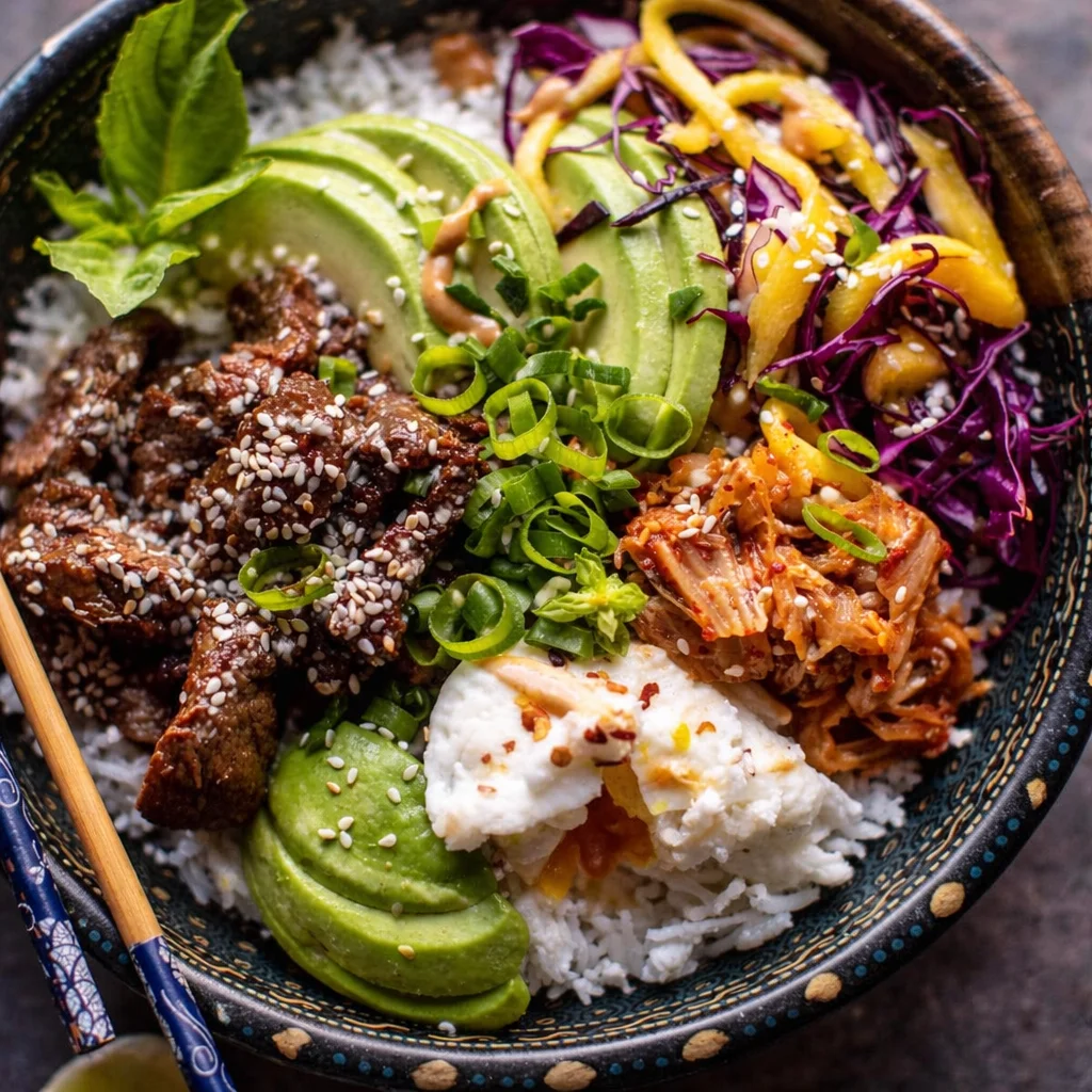 Delicious Korean BBQ Steak Bowls with tender beef, rice, and spicy sesame dressing.