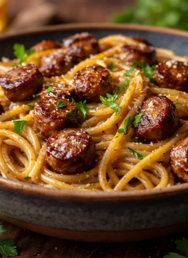 Sticky Honey Garlic Sausage Pasta Skillet with sausages, garlic, and pasta in a pan