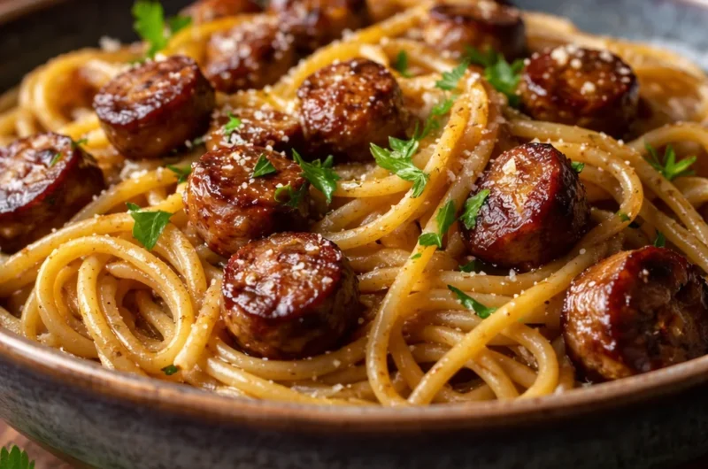 Sticky Honey Garlic Sausage Pasta Skillet with sausages, garlic, and pasta in a pan
