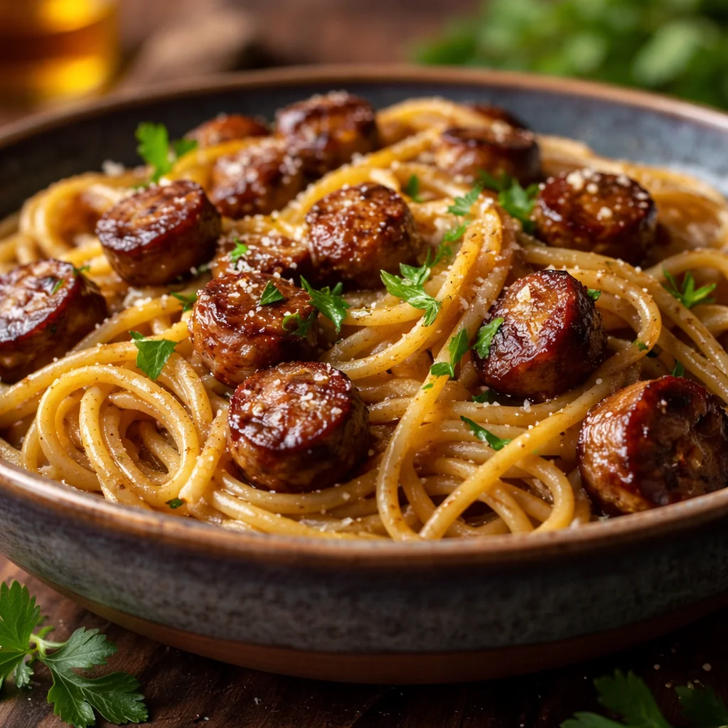 Sticky Honey Garlic Sausage Pasta Skillet with sausages, garlic, and pasta in a pan