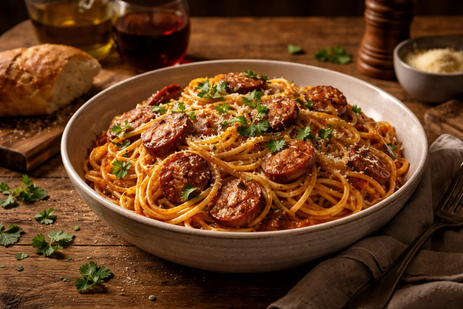 Sticky Honey Garlic Sausage Pasta Skillet