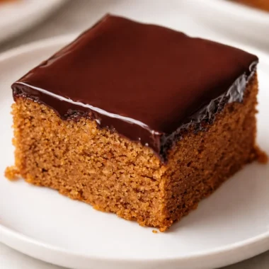 Slice of Traditional German Honey Cake (Honigkuchen) with chocolate glaze and apricot jam.