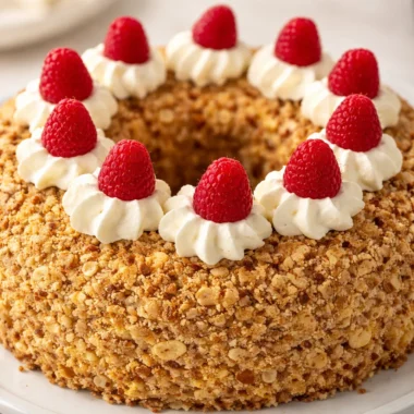 A beautiful slice of Frankfurter Kranz, a traditional German Crown Cake with buttercream and jam.