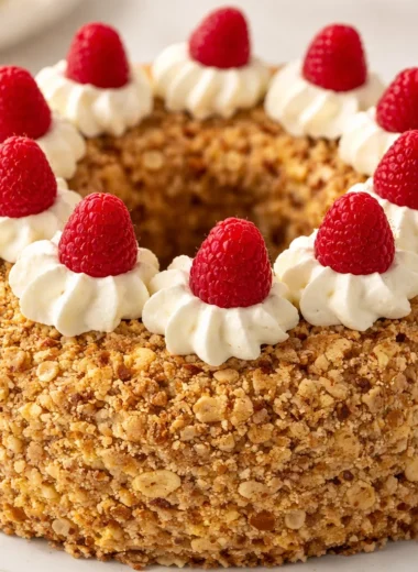 A beautiful slice of Frankfurter Kranz, a traditional German Crown Cake with buttercream and jam.