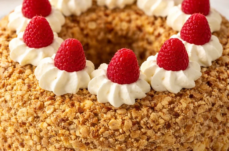 A beautiful slice of Frankfurter Kranz, a traditional German Crown Cake with buttercream and jam.
