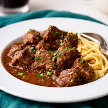 Bowl of Authentic German Goulash with beef, onions, and spices, served with noodles.