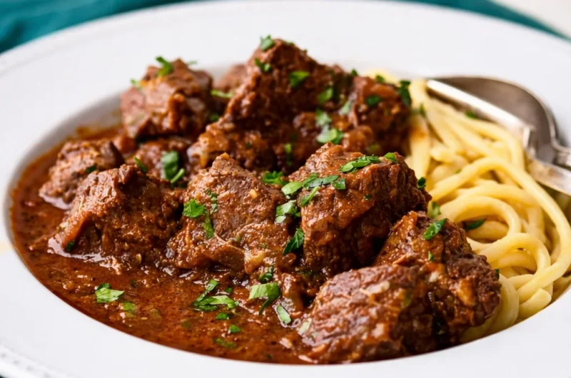 Bowl of Authentic German Goulash with beef, onions, and spices, served with noodles.