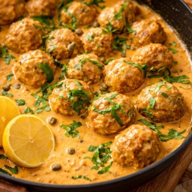 Delicious German Meatballs in Caper Sauce (Königsberger Klopse) served in a bowl