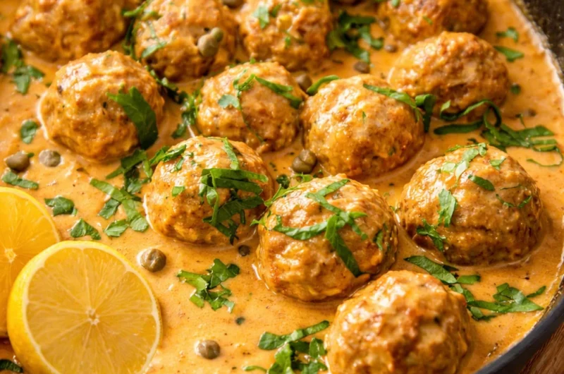 Delicious German Meatballs in Caper Sauce (Königsberger Klopse) served in a bowl