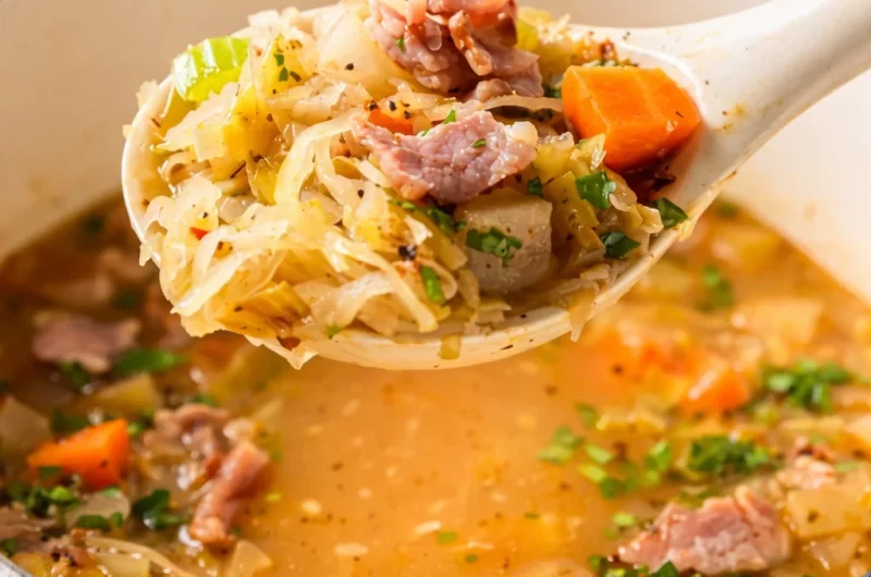 Bowl of German Sauerkraut Soup (Sauerkrautsuppe) garnished with herbs.