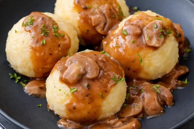 Authentic Kartoffelklöße, traditional German potato dumplings served with gravy.