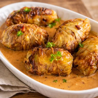 Authentic Kohlrouladen recipe featuring German stuffed cabbage rolls filled with meat.