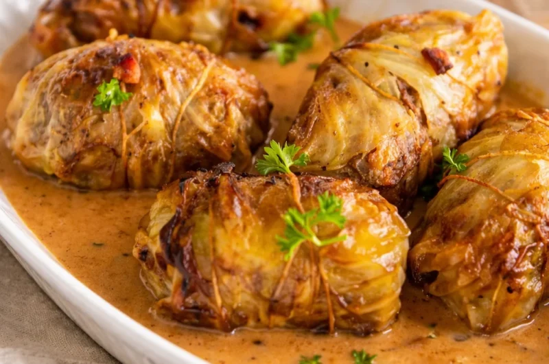 Authentic Kohlrouladen recipe featuring German stuffed cabbage rolls filled with meat.