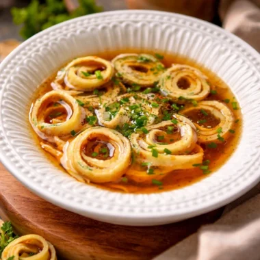 Bowl of authentic Flädlesuppe, a German pancake soup with crepe strips in rich broth.