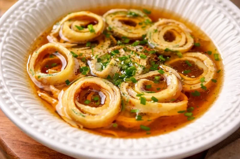 Bowl of authentic Flädlesuppe, a German pancake soup with crepe strips in rich broth.