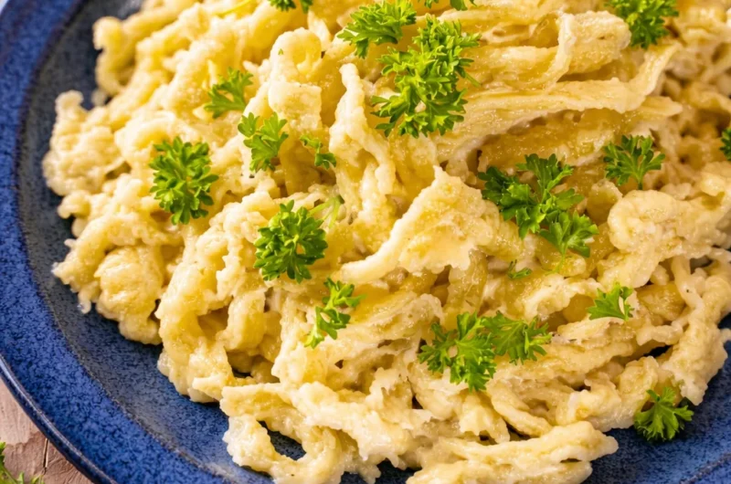 A bowl of Authentic German Spaetzle, traditional egg noodles served with gravy.