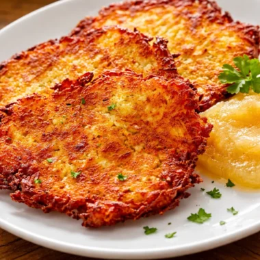 Crispy German Potato Pancakes (Kartoffelpuffer) served with applesauce.