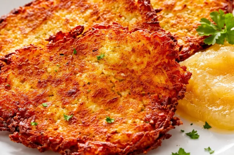 Crispy German Potato Pancakes (Kartoffelpuffer) served with applesauce.