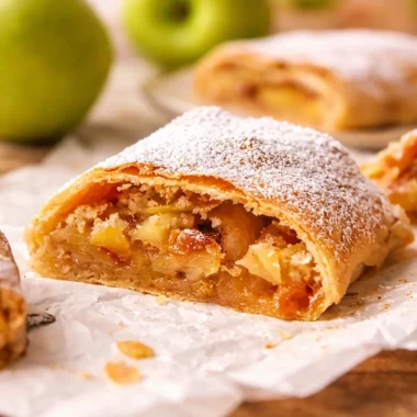 Delicious homemade German Apple Strudel (Apfelstrudel) filled with spiced apples.