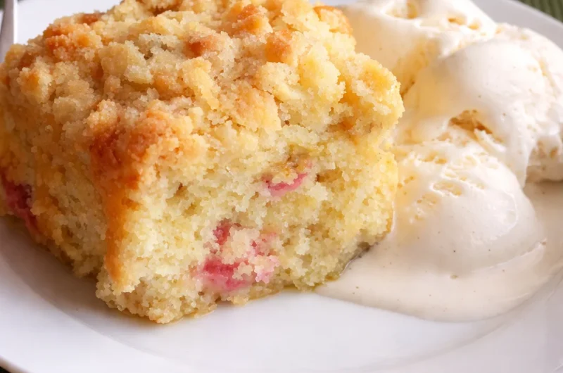 Slice of delicious German Rhubarb Streusel Cake (Rhabarber Streuselkuchen) served on a plate.