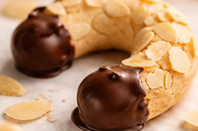 Traditional German Almond Horns (Mandelhörnchen) - chewy almond cookies dipped in chocolate.